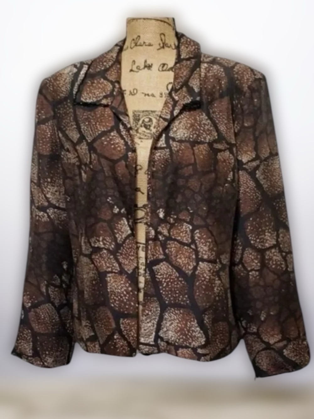 RUSSELL KEMP Brown Animal Print Silk Beaded Blazer Jacket Large